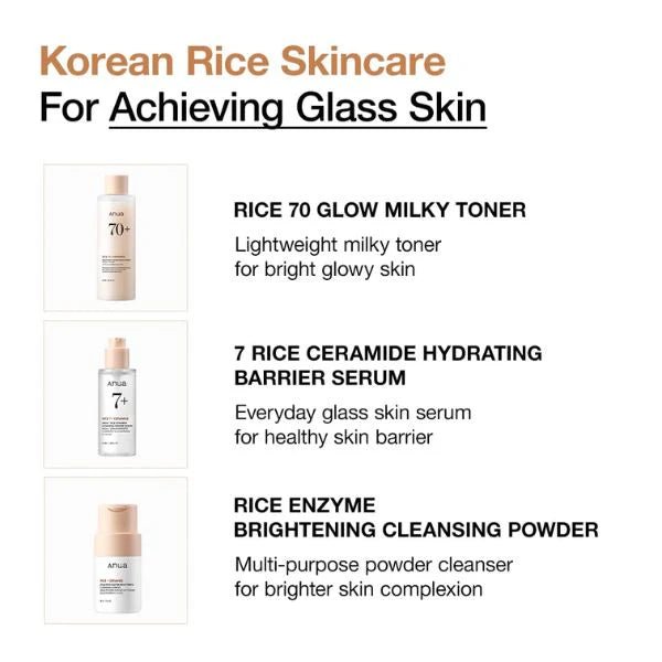 ANUA Rice Trio Brightening Set – Rice Enzyme Powder, Rice Toner & Ceramide Hydrating Serum for Korean glass Skin