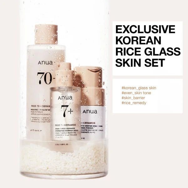 ANUA Rice Trio Brightening Set – Rice Enzyme Powder, Rice Toner & Ceramide Hydrating Serum for Korean glass Skin